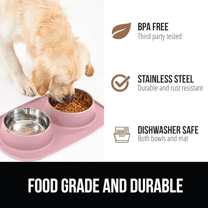 Gorilla Grip 100% Waterproof BPA Free Cat and Dog Bowls Silicone Feeding Mat Set, Stainless Steel Bowl Slip Resistant Raised Edges, Catch Water, Food Mess, No Spills, Pet Accessories, 1 Cup, Pink