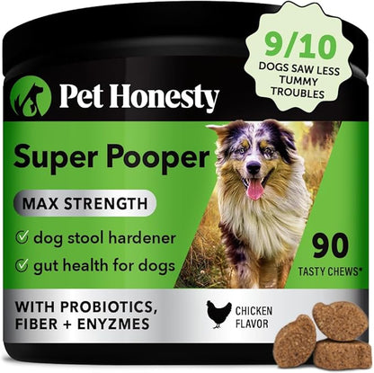 Pet Honesty Super Pooper Max Strength Probiotic Chews - Dog Stool Hardener with Fiber, Prebiotics, Probiotics, & Digestive Enzymes, Gut Health for Dogs, Digestion & Health Supplement for Dogs (90 Ct)