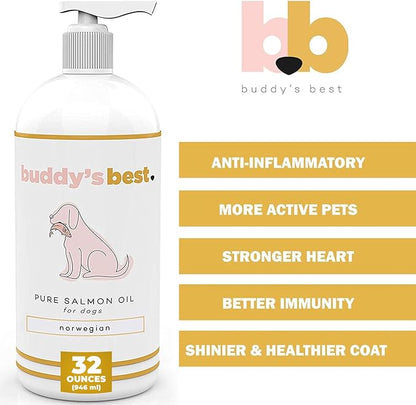 Buddy's Best, Salmon Oil for Dogs - 100% Pure Norwegian Virtually Odorless Fish Oil - Omega-3 Supplements for Dogs & Cats - Promotes Healthy Skin and Coat - Dog Food Oil in Pump Bottle (32 oz)