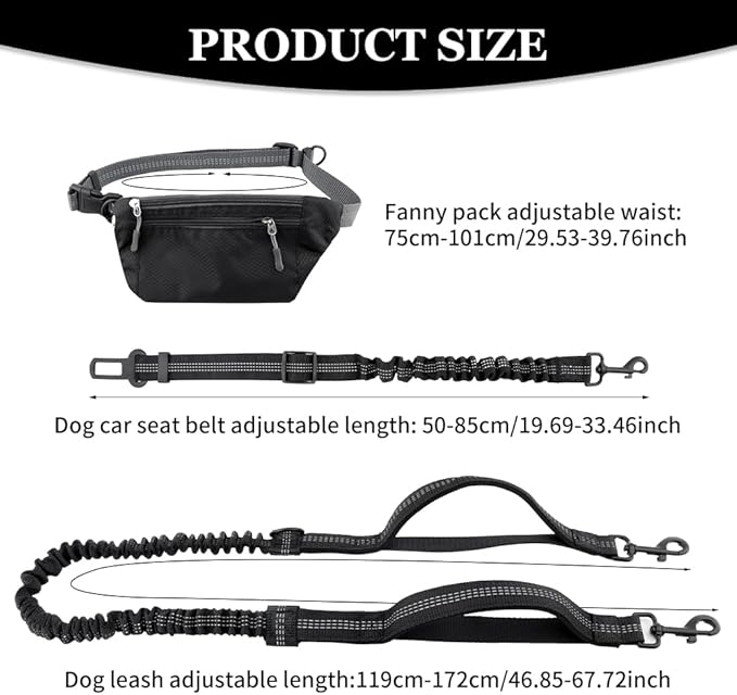 3pcs Hands Dog Leash with Pouch, Waist Leash for Dog Walking, Waist Belt Fanny Pack with Soft Padds, for Walking, Hiking, Biking, Running