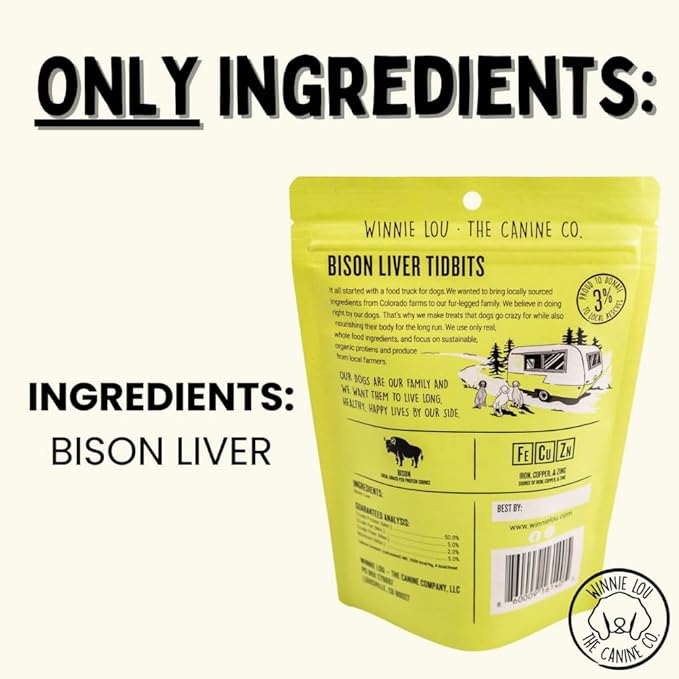 Winnie Lou Organic Dog Treats, Bison Liver Tidbits Jerky Human Grade Dog Treats for All Sized Breeds, All Natural Dog Treats with No-Added Sugar, Glycerin & Preservatives, Made in USA, 2.5 Oz (71g)
