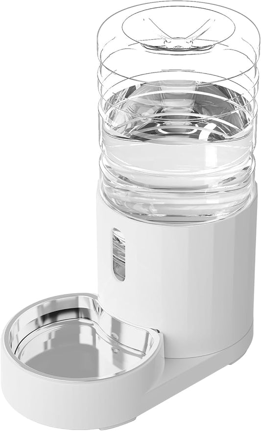 CZPET Dog Water Bowl Dispenser, 4L Stainless Steel Bowl, Automatic Gravity Cat Water Dispenser, Cat Water Bowl, Safe and Unplugged for Pet, White