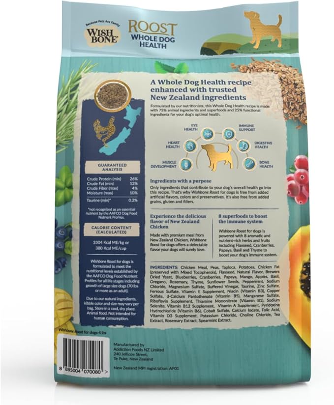 Wishbone Roost New Zealand Chicken Dry Dog Food, Gluten-Free, Grain-Free Formula for Overall Pet Health - 4 lb