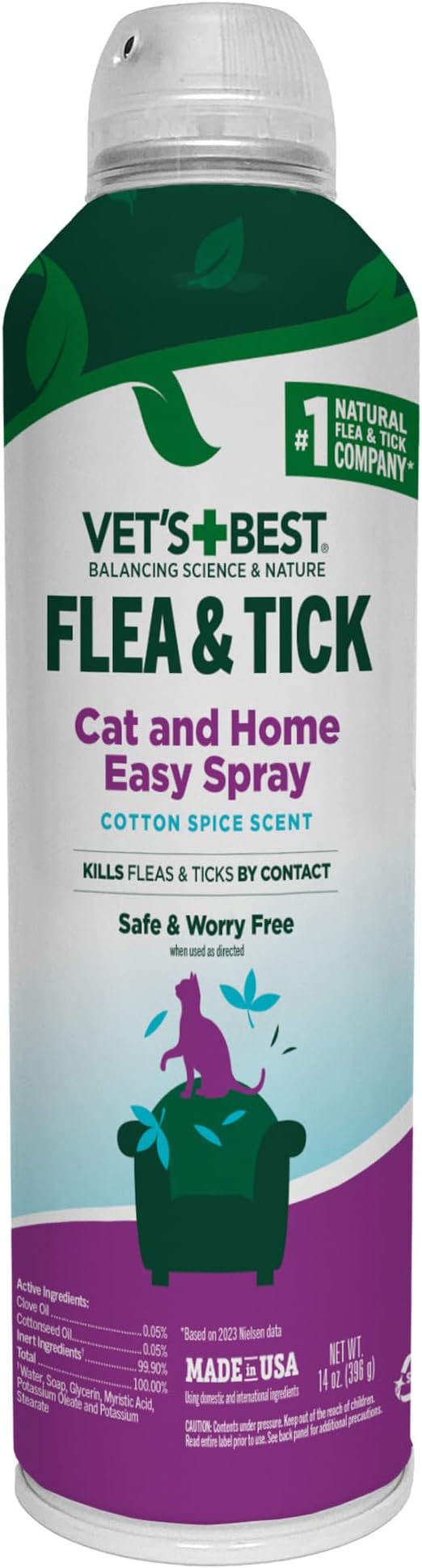 Vet’s Best Flea & Tick Flea and Tick Cat Easy Spray – Cotton Spice Scent – Natural Flea & Tick Prevention – Kills Fleas & Ticks for Cats – 14oz
