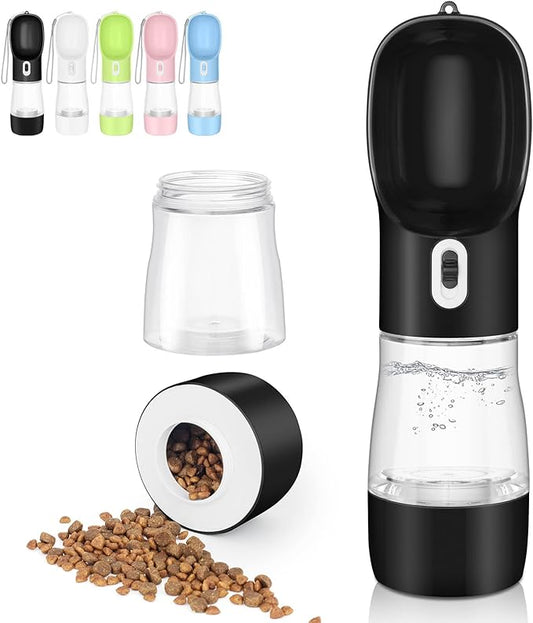 Outdoor Dog Water Bottle Dispenser - Leak Proof Water Bottle for dogs On The Go with Food Container Multifunctional Travel Dog Water Bottle（Black）