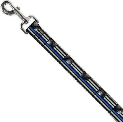 Buckle-Down Dog Leash Thin Blue Line Flag Weathered Black Gray Blue 6 Feet Long 0.5 Inch Wide