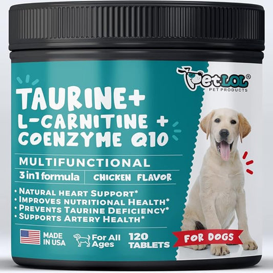 Taurine Supplement for Dogs with L-Carnitine and Coenzyme Q10 (CoQ10): Vet Endorsed for Enlarged Heart (DCM), Congestive Heart Failure, Taurine Deficiency: 3-in-1 Multivitamin Dog Supplements- 120ct