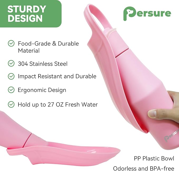 Dog Water Bottle, Portable Dog Water Bottle Dispenser - 27 OZ Stainless Steel Leak-Proof Water Bottle for Dogs On The Go, Perfect for Travel, Walking, Hiking and Outdoor Activities, Pink