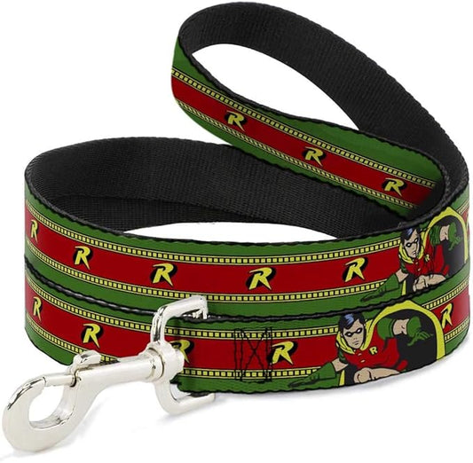 Dog Leash Robin Action Pose Logo Stripe Green Yellow Red Black 4 Feet Long 1.0 Inch Wide