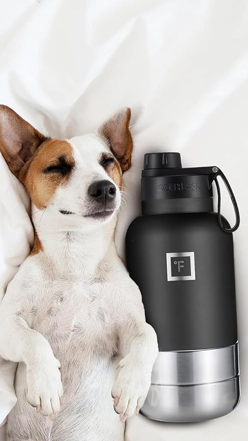 IRON °FLASK Portable Dog Water Bottle & Bowl - All-in-One Travel Accessories Pet Food & Liquids for Car, Hiking, Camping - Leak-Proof, Double Walled, Insulated - 32 oz, 2 Dog Bowls - Dark Pine