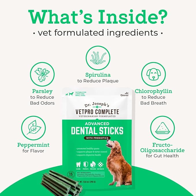Dr. Joseph's Vetpro Complete Advanced Dental Sticks with Prebiotics, 15 Sticks, Cleans Teeth, Freshens Bad Breath, and Supports Gut Health, Target Tartar and Plaque Build Up, Veterinarian Formulated