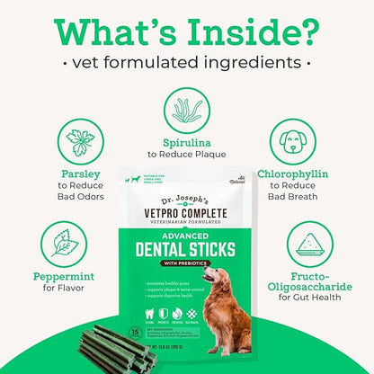 Dr. Joseph's Vetpro Complete Advanced Dental Sticks with Prebiotics, 15 Sticks, Cleans Teeth, Freshens Bad Breath, and Supports Gut Health, Target Tartar and Plaque Build Up, Veterinarian Formulated
