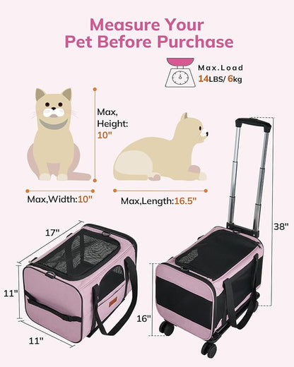 Morpilot Cat Carrier with Wheels Airline Approved, Pet Dog Carrier with Wheels for Small Dogs, Rolling Cat Carrier for Large Cats Puppy Stroller Detachable and Foldable Pet Travel Bag Pink