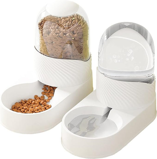 BNOSDM 2 Pcs Gravity Dog Feeder and Water Dispenser, Automatic Dog Cat Food and Water Dispenser Set, Large 3.5 L Pet Self Feeder Station for Indoor Small and Medium Sized Dog, Cats (White)