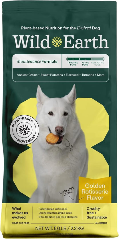 Wild Earth Vegan Dry Dog Food | Plant-Based Maintenance Formula | Vegetarian, Allergy Relief, Veterinarian-Developed for Complete Nutrition | Golden Rotisserie Flavor, 5 Pound Bag