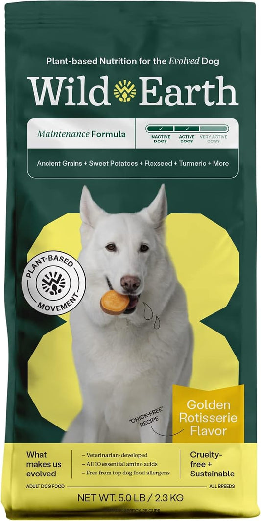 Wild Earth Vegan Dry Dog Food | Plant-Based Maintenance Formula | Vegetarian, Allergy Relief, Veterinarian-Developed for Complete Nutrition | Golden Rotisserie Flavor, 5 Pound Bag