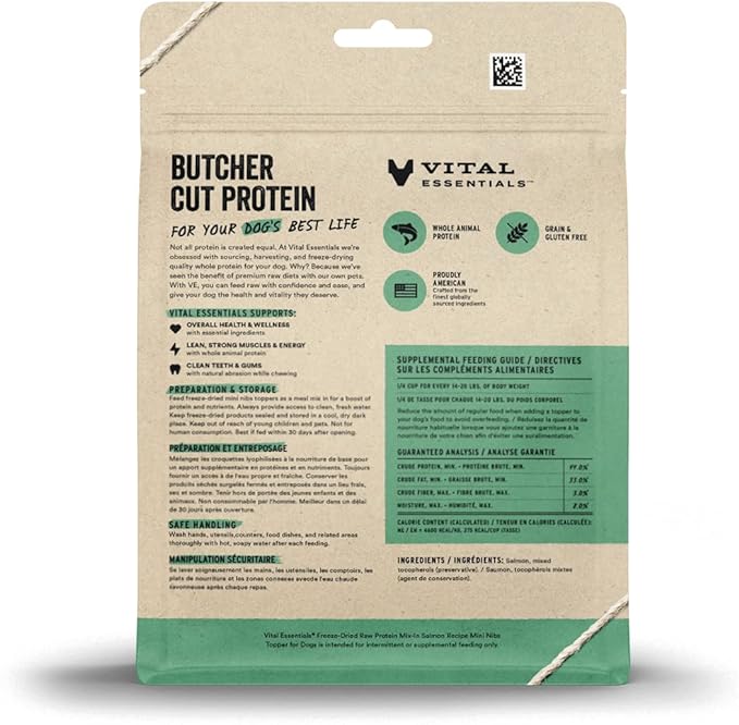 Vital Essentials Freeze Dried Raw Protein Mix-in Dog Food Topper, Salmon Mini Nibs Topper for Dogs, 6 oz