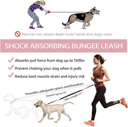 Hands Free Dog Leash Bungee Retractable Dog Running Waist Leash for Running Walking Jogging Training Hiking with Medium to Large Dogs, Adjustable Waist Belt Pouchouch, Reflective Stitches, Dual Handle
