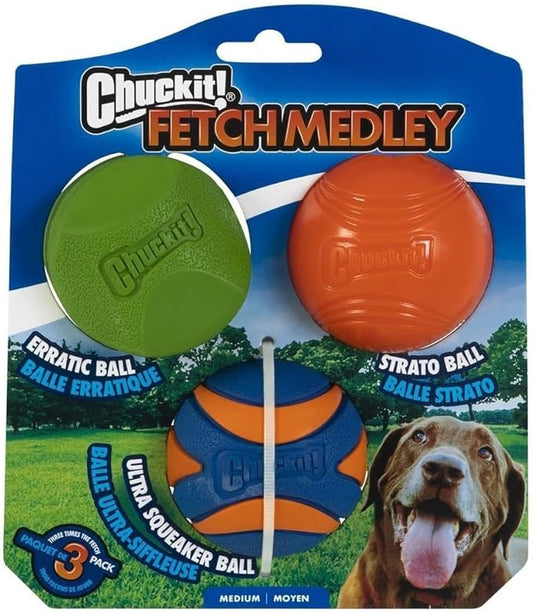 Chuckit Fetch Medley Dog Ball Dog Toys, Medium (2.5 Inch) Pack of 3, for Medium Breeds, Includes Erratic, Strato and Ultra Squeaker Balls