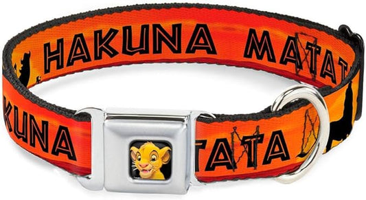 Dog Collar Seatbelt Buckle Lion King Hakuna Matata Sunset Oranges Black 15 to 26 Inches 1.0 Inch Wide