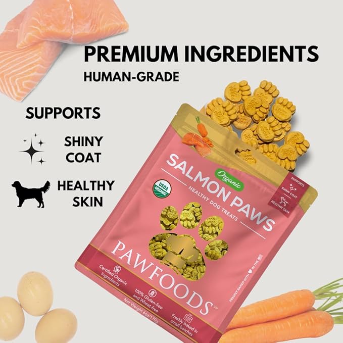 Salmon Dog Treats - Organic Dog Treats with Salmon - Shiny Coat Healthy Skin, Omega 3 & 6, Low Calorie Dog Training Treats, Healthy Dog Treats - Approx. 60 Treats Per Bag - 170g - Made in USA