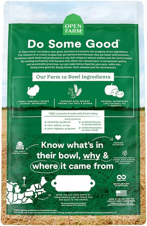 Open Farm Ancient Grains Dry Dog Food, Humanely Raised Meat Recipe with Wholesome Grains and No Artificial Flavors or Preservatives (Homestead Turkey Ancient Grain, 22 Pound (Pack of 1))