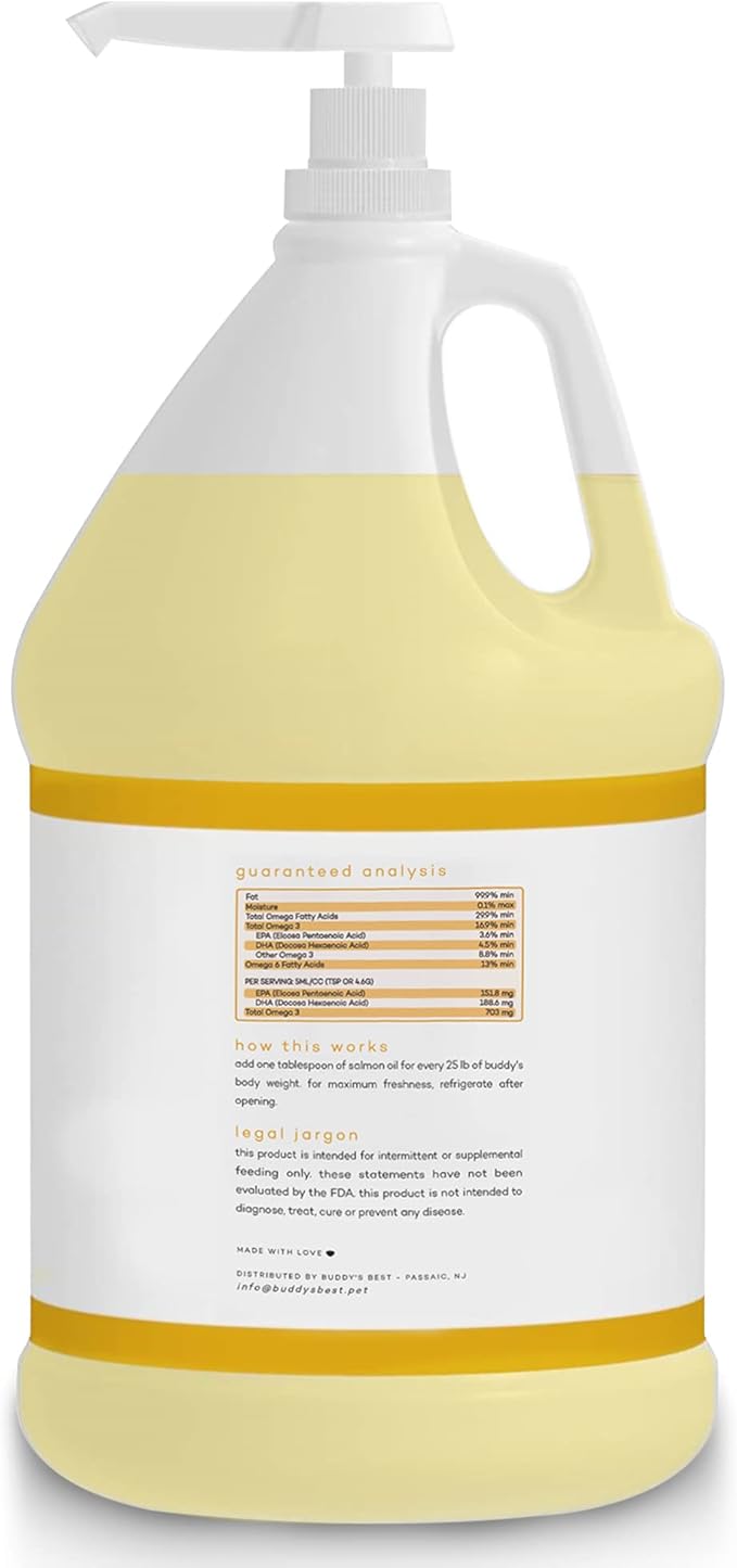 Buddy's Best, Salmon Oil for Dogs - 100% Pure Norwegian Virtually Odorless Fish Oil - Omega-3 Supplements for Dogs & Cats - Promotes Healthy Skin and Coat - Dog Food Oil in Pump Bottle (1 Gallon)
