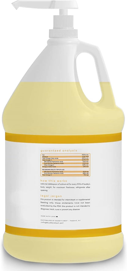 Buddy's Best, Salmon Oil for Dogs - 100% Pure Norwegian Virtually Odorless Fish Oil - Omega-3 Supplements for Dogs & Cats - Promotes Healthy Skin and Coat - Dog Food Oil in Pump Bottle (1 Gallon)