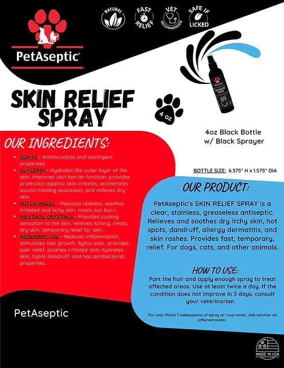Skin Relief Spray for Dogs | Relieves Dry Itchy Skin, Hot Spots, Dandruff, Allergy Dermatitis, & Skin Rashes | Clear, Stainless, & Greaseless | Provides Fast, Temporary Relief | 4oz Spray