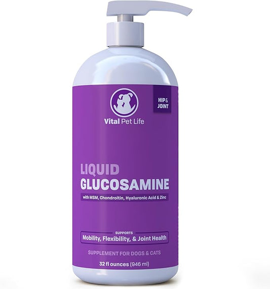 Liquid Glucosamine for Dogs Cats & Horses with Chondroitin, MSM, and Hyaluronic Acid, Hip & Joint Supplement for Mobility & Comfort, Supports Joint Health & Flexibility, Mobility, & Protection, 32 oz