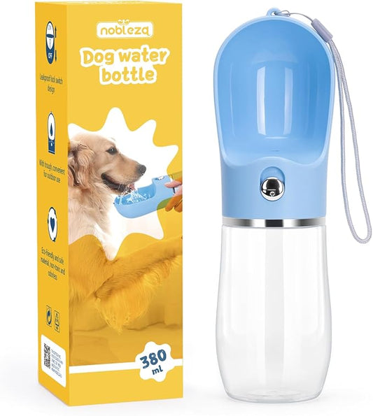 Nobleza Dog Water Bottle, Leak Proof Portable Pet Water Bottle Dispenser BPA-Free Puppy Water Bottle for Outdoor Walking, Hiking, Travel, Food Grade Plastic (12.8oz, Blue)
