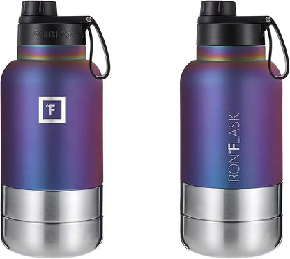 IRON °FLASK Portable Dog Water Bottle & Bowl - All-in-One Travel Accessories Pet Food & Liquids for Car, Hiking, Camping - Leak-Proof, Double Walled, Insulated - 32 oz, 2 Dog Bowls - Aurora