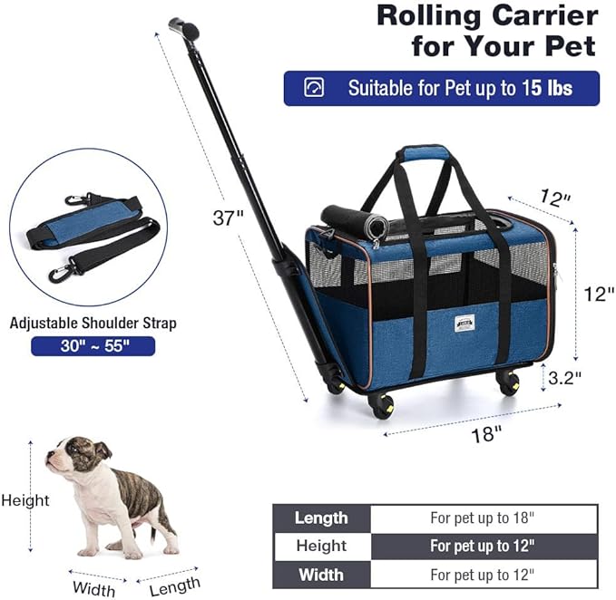 Lekesky Dog Cat Carrier with Wheels, Airline Approved Pet Carrier for Cats Dogs15lbs with Telescopic Handle, Blue