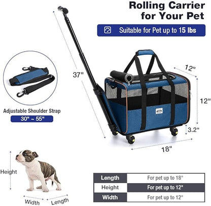 Lekesky Dog Cat Carrier with Wheels, Airline Approved Pet Carrier for Cats Dogs15lbs with Telescopic Handle, Blue
