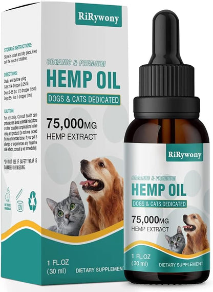 RiRywony Hemp Oil for Dogs Cats - Pure Hemp Drops for Pets Arthritis Pain Anxiety Relief Stress - Dog Herbal Supplements -Hip Joint Support Calming - Skin Health - Omega Fatty Acids - Made in USA