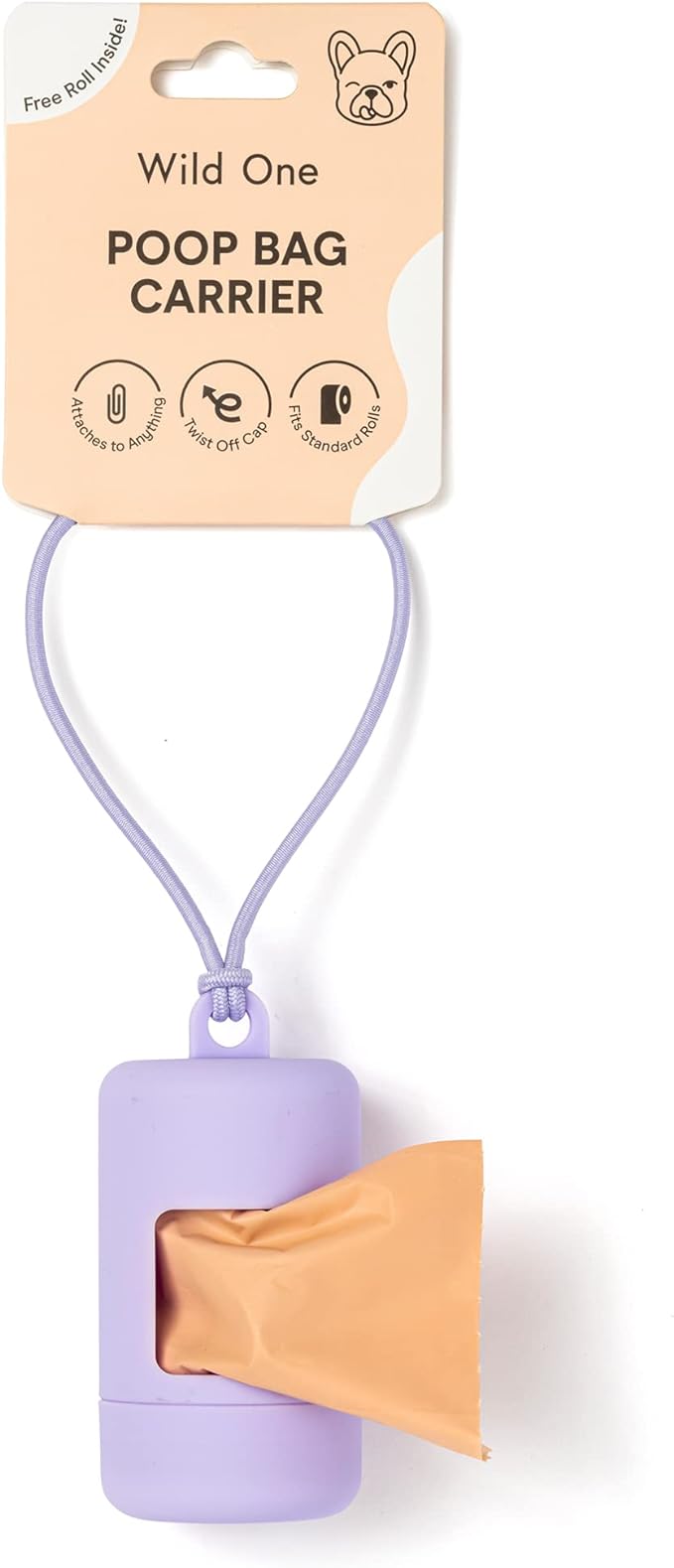 Wild One Dog Poop Bag Holder and Dispenser with Leash Attachment, Leak Proof, Easy Twist Top for Refills, Includes 1 Roll Poop Bags, Lilac