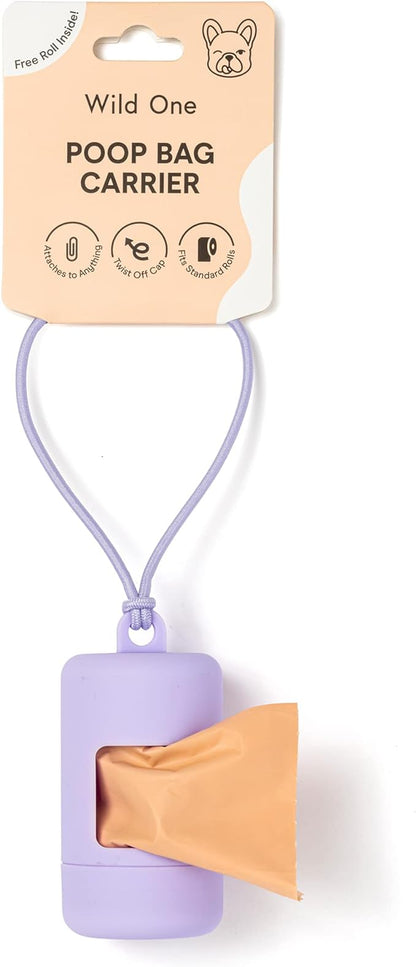 Wild One Dog Poop Bag Holder and Dispenser with Leash Attachment, Leak Proof, Easy Twist Top for Refills, Includes 1 Roll Poop Bags, Lilac