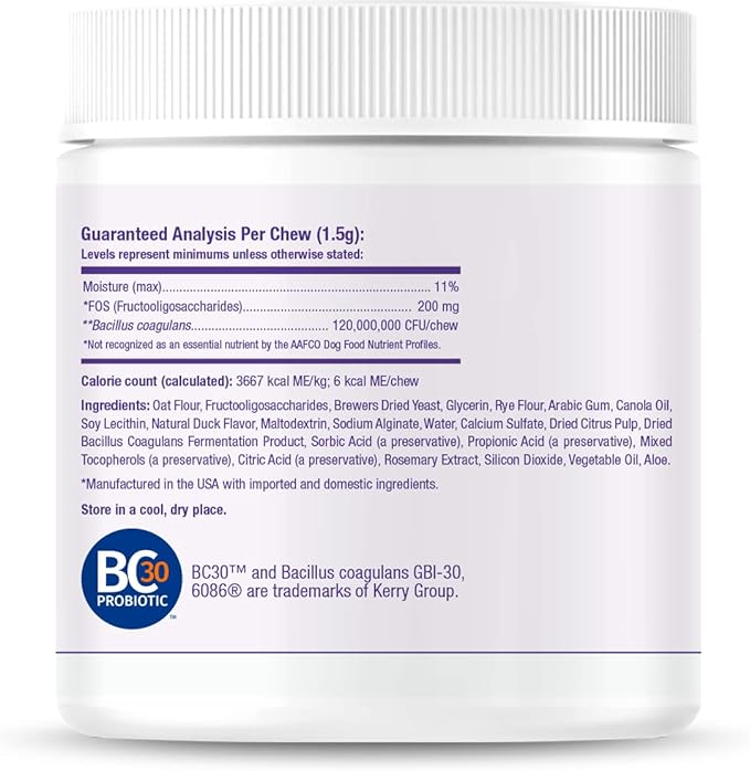 Gut-Max Probiotic Chews - with Patented BC30™ Bacillus Coagulans - Vet Formulated for Digestive and Immune Support w/Natural Prebiotic Microbes - Duck Flavor - 90 Soft Chews