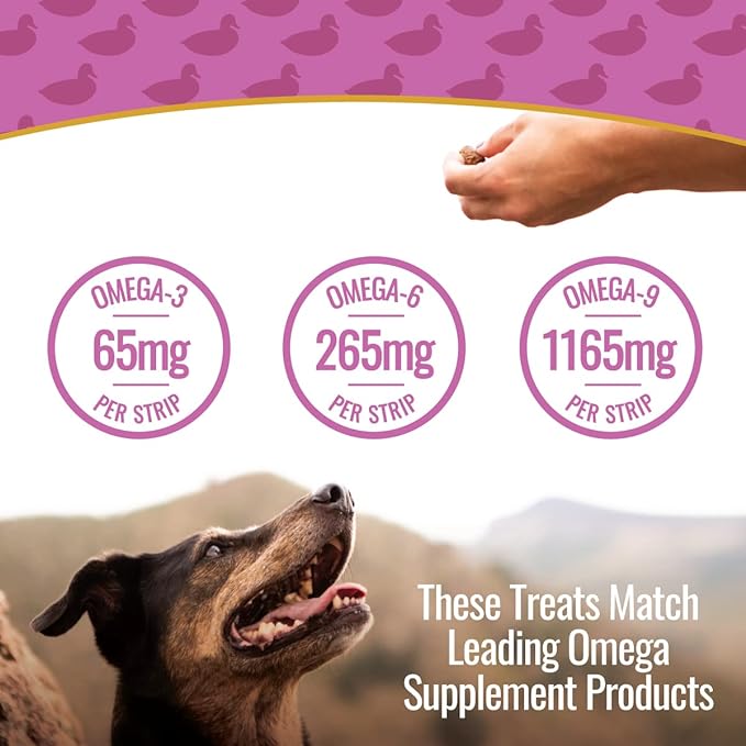 Duck Jerky Dog Treats with Flax Seed, Omega Oils- Hypoallergenic Strips for Dogs and Puppies with Allergies, Sensitive Stomachs - Dehydrated, Grain Free, Made in USA - 3oz Bag, Pack of 3