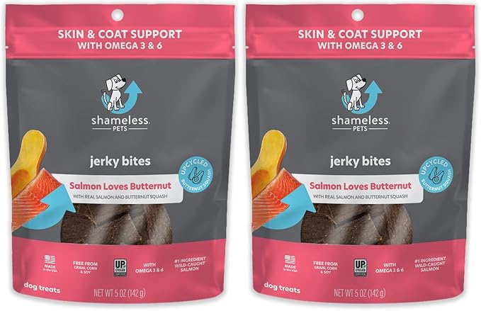 Shameless Pets Dog Jerky Treats - Salmon Jerky for Dogs Made with Upcycled Ingredients & Zero Artificial Flavors, Supports Healthy Skin & Coat - Salmon Says Butternut, Pack of 2