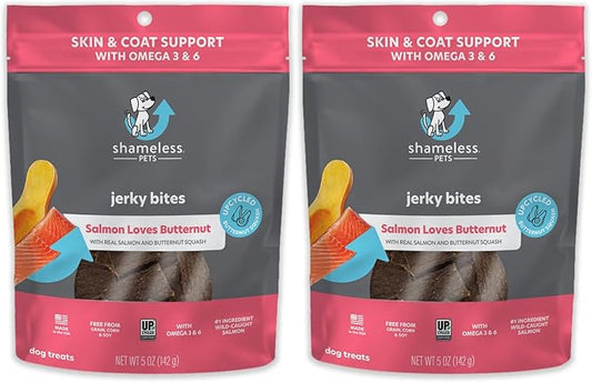 Shameless Pets Dog Jerky Treats - Salmon Jerky for Dogs Made with Upcycled Ingredients & Zero Artificial Flavors, Supports Healthy Skin & Coat - Salmon Says Butternut, Pack of 2