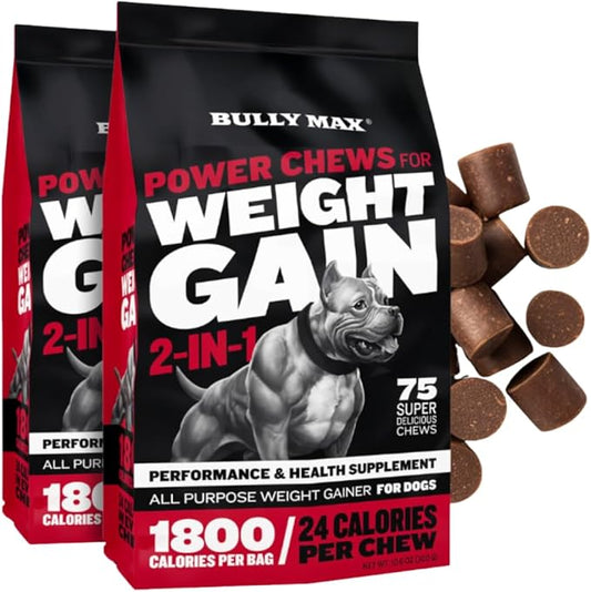 Bully Max Dog Weight Gainer Chews - High Calorie Health Supplement for Healthy Weight Gain, Immunity & Digestive Health for All Breeds & Ages - 2 Packs, 75 Soft & Tasty Chews per Pack