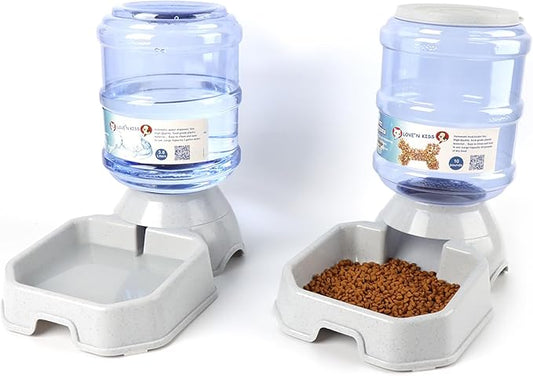 2 Pack Automatic Dog Cat Feeder and Water Dispenser ,Gravity Multi Pet Drinking Fountain , Set with Pet Food Bowl for Medium Dog Puppy Kitten, Big Capacity 1 Gallon x 2 (Waterer+Feeder)