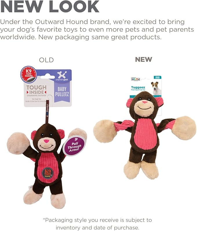 Outward Hound Baby Pulleez Monkey Squeaky Plush Dog Toy with Ropes for Pull-Through Tugging Action
