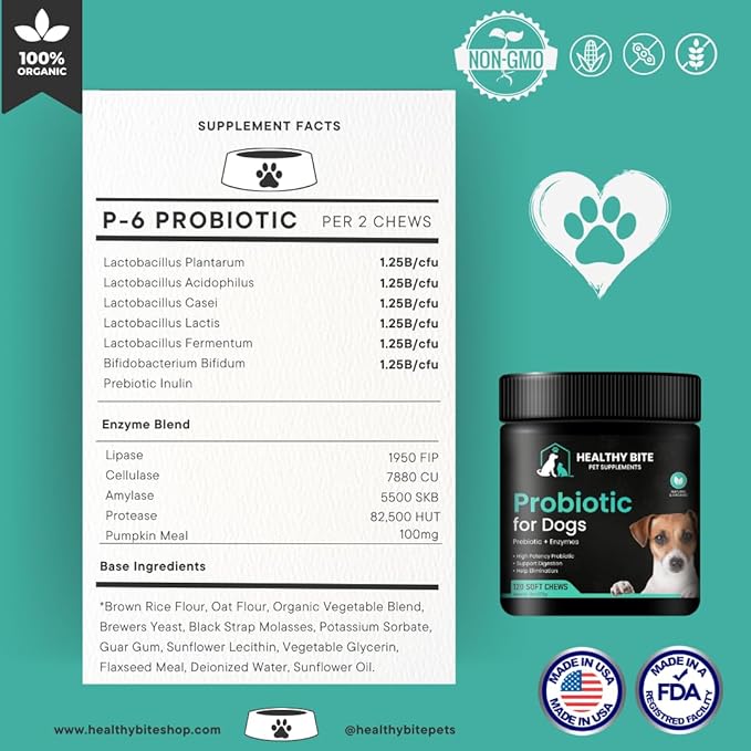 Healthy Bite Probiotic for Dogs - Dog probiotic for Diarrhea, Digestive and Immune Support for Dogs, Gut Health 6 Different Bacterias, Prebiotic Soft Chew Supplement for Dogs - Prebiotic -120 Count