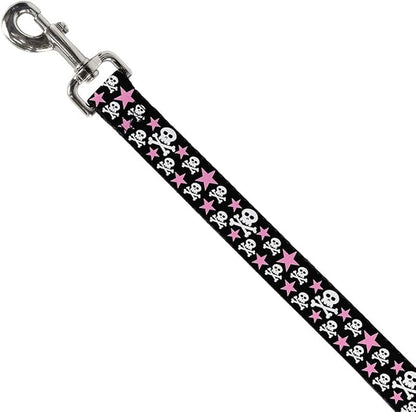 Buckle-Down Dog Leash Skulls Stars Black White Pink Available in Different Lengths and Widths for Small Medium Large Dogs and Cats