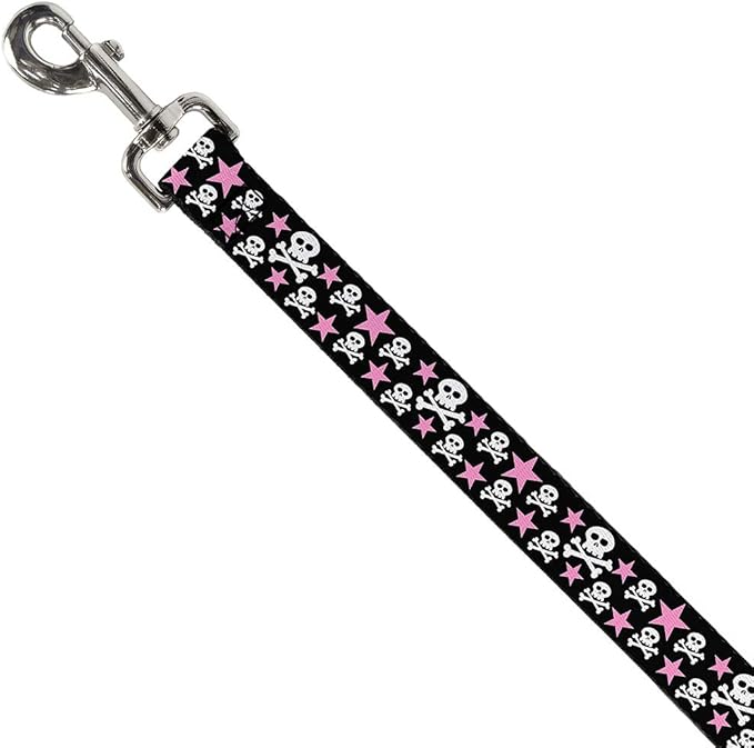Buckle-Down Dog Leash Skulls Stars Black White Pink Available in Different Lengths and Widths for Small Medium Large Dogs and Cats
