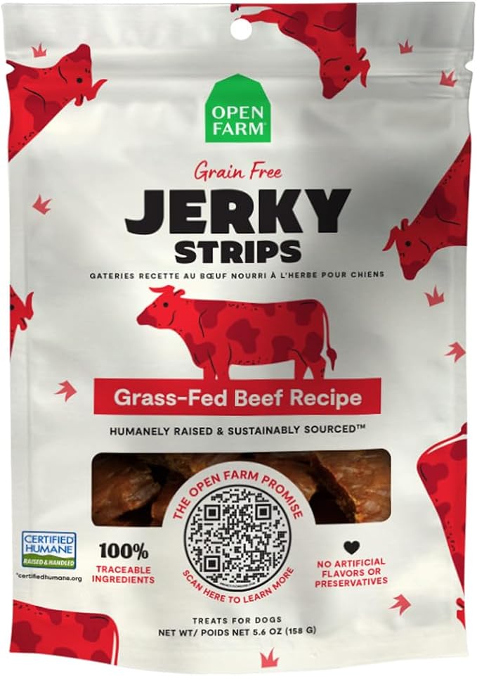 Open Farm Dehydrated Grain-Free Dog Treats, Gently Cooked Recipe with Natural Simple Ingredients and No Artificial Flavors or Preservatives (1 Pack Beef Jerky)