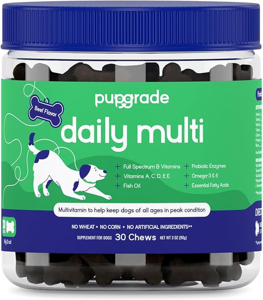 PupGrade Daily Multivitamin for Dogs - All-in-One Supplement for Digestive, Immune, Skin and Coat Health - 32 Healthy Nutrients, Probiotic Enzymes, Omega Fish Oil, Vitamins A, C, D & E - 30 Soft Chews