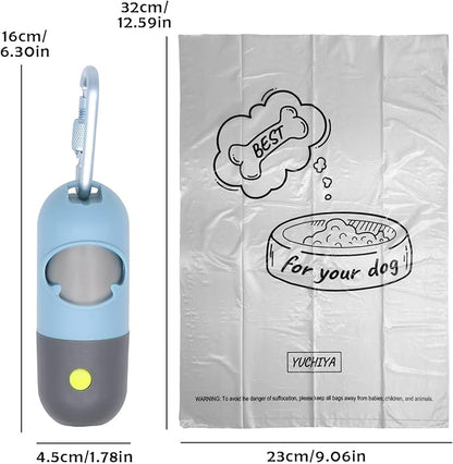 Dog Poop Bag Dispenser with Flashlight|Dog Poop Bag Holder with Leash Clip|Hands-Free Leash Poop Bag Holder with Straps and 1 Roll Dog Waste Bags (Blue)